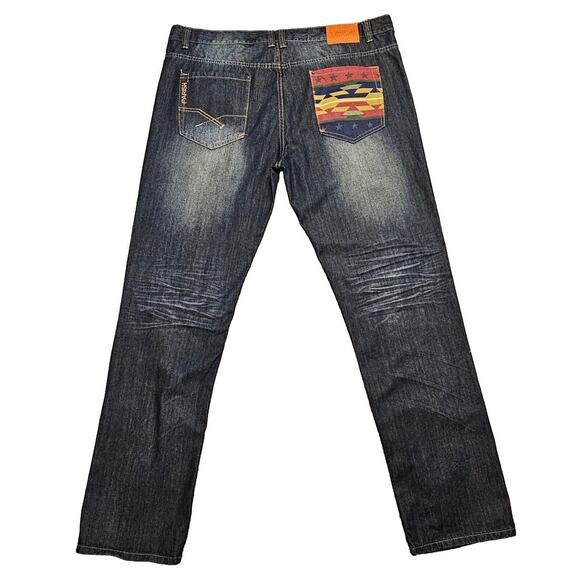 Parish Nation Jeans Mens Sz 40x34 Distressed Dark Blue Tribal Aztec Pocket - Picture 1 of 8